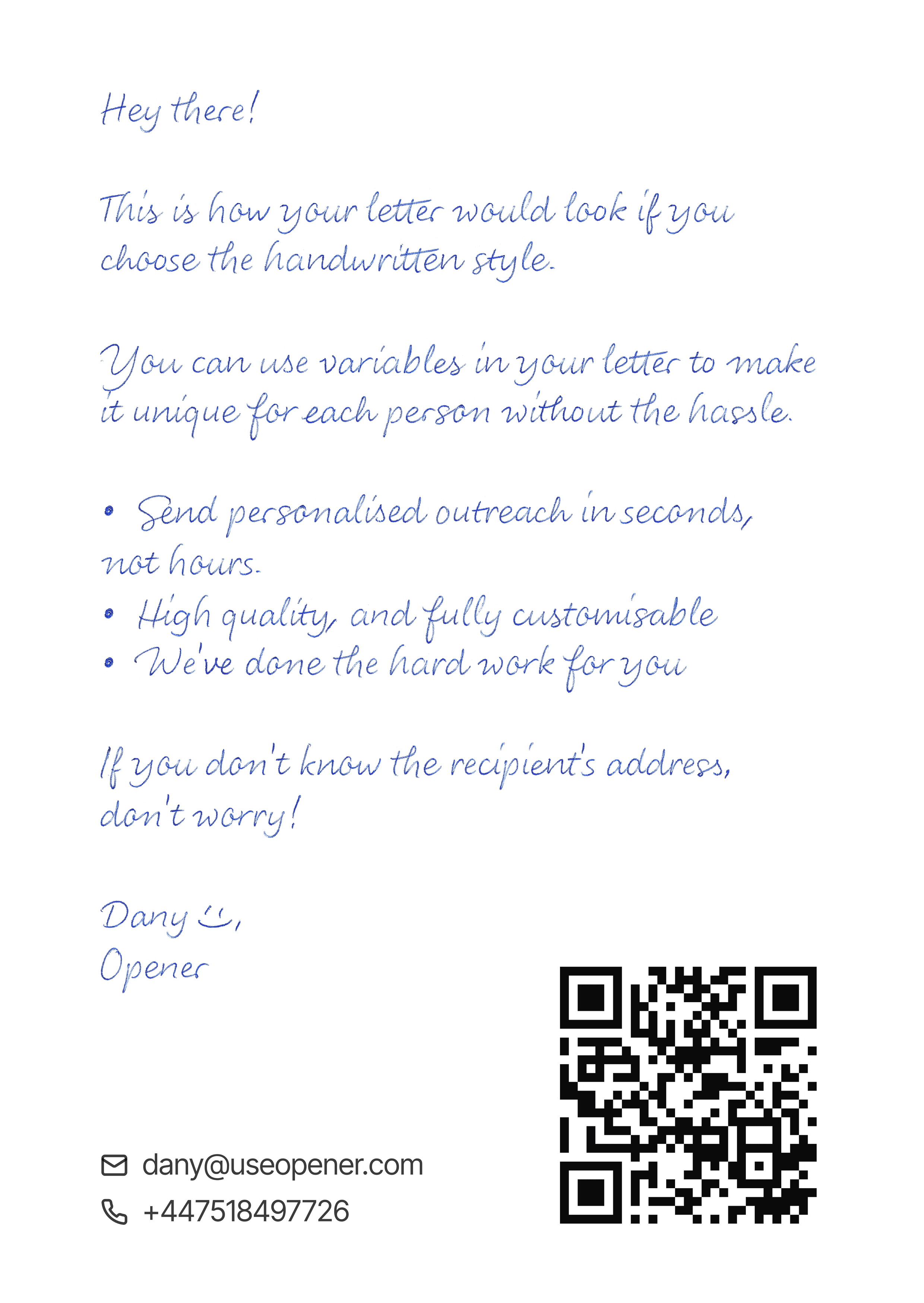 A note card with a handwritten message and a QR code.