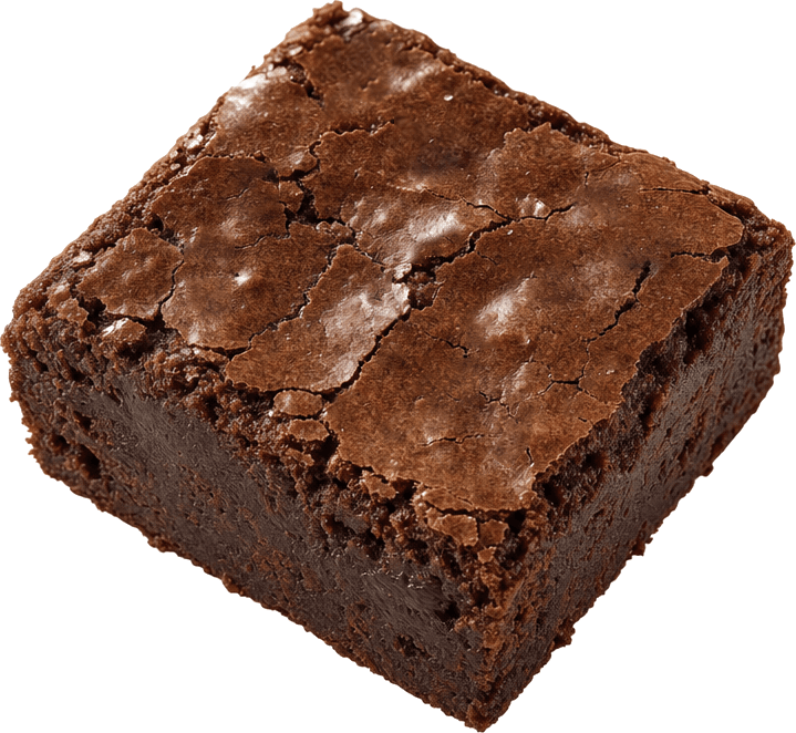 A dark-chocolate fudge brownie square beside a kraft flavour tag.